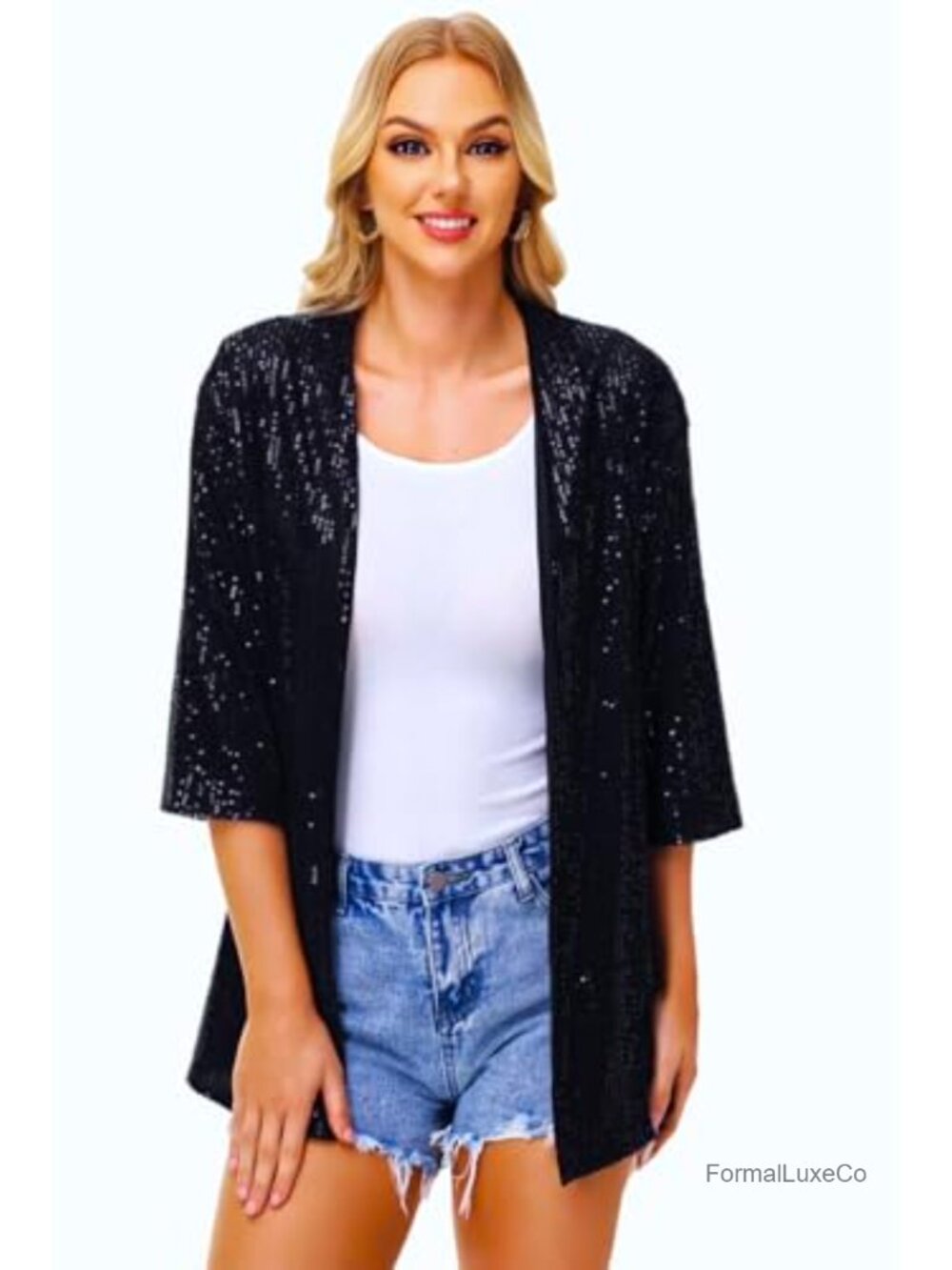 Sequin Cardigan 3/4 Sleeve Open Front Sparkle Party Evening Glitter Polyester
